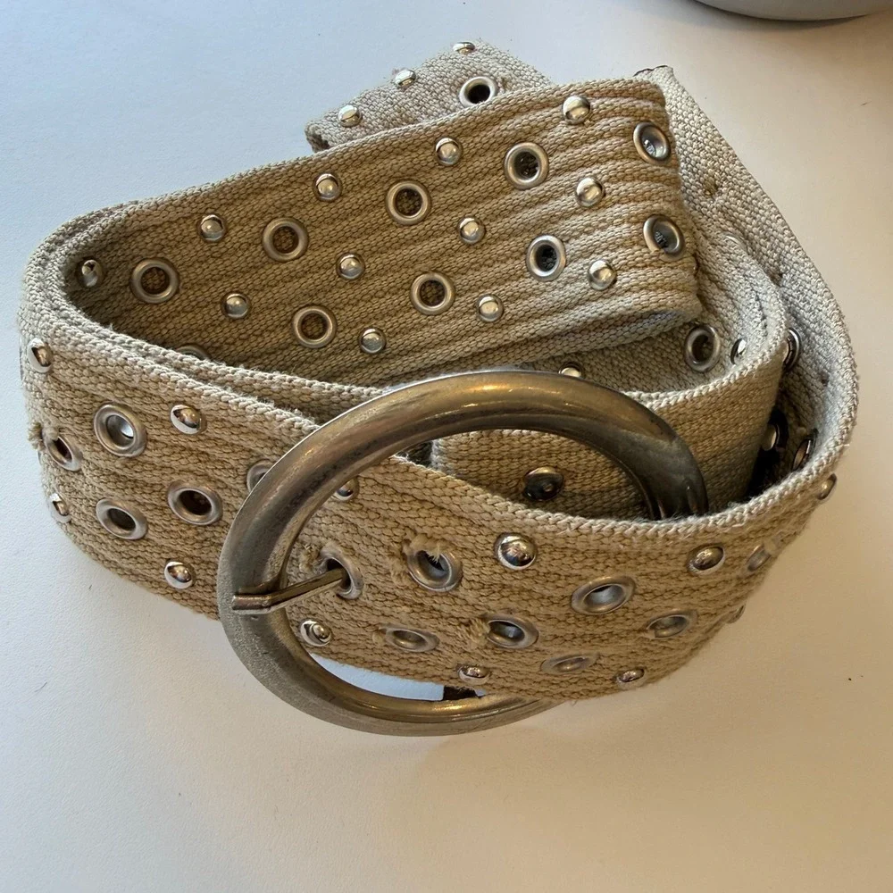 Womens Tan Canvas Grommet Studded Belt Silver Round Buckle Wide Utility Y2K